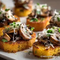 Antipasto: Crostini di Polenta con Funghi e Taleggio