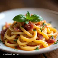 Bucatini con Zafferano Guanciale Croccante e Fiori di Zucca