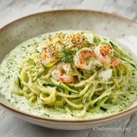 Spaghetti Crema Zucchine Stracciatella e Gamberi