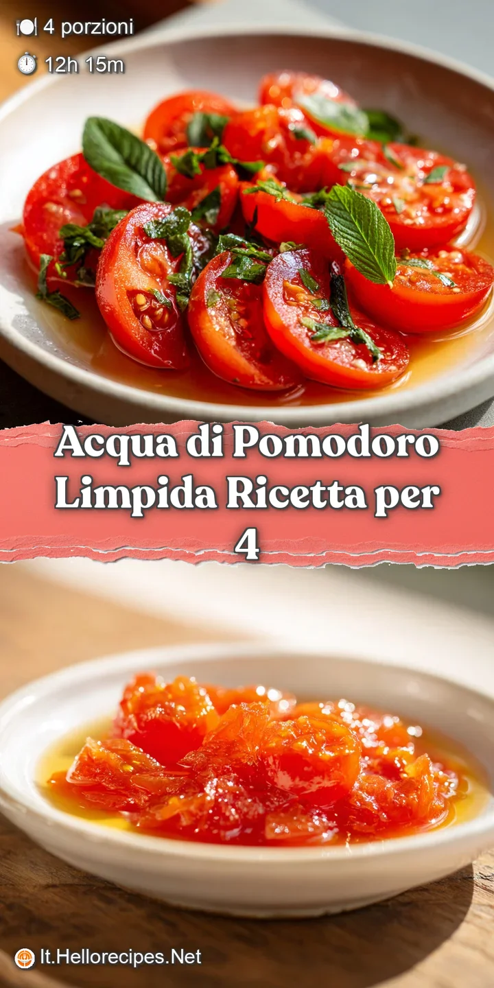 Close-up on the brilliant, clarified tomato water. Light plays across the surface, revealing its pure, clean texture. Fres...