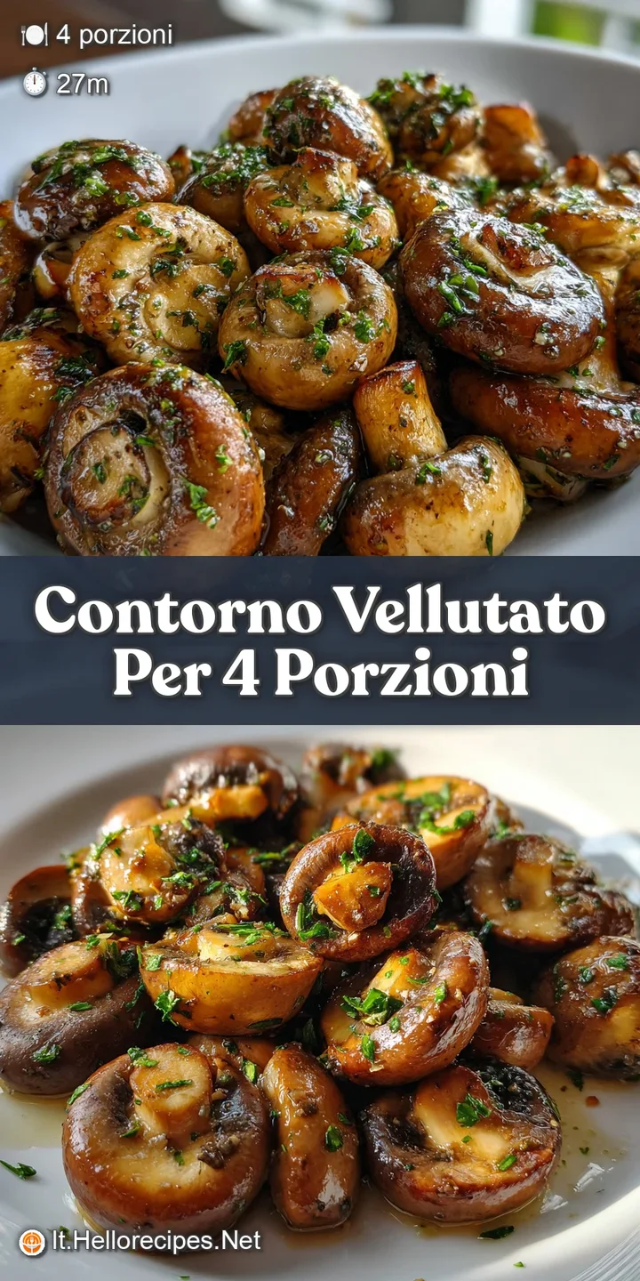 Close-up reveals tender mushroom slices glistening with oil. Tiny herb sprigs add vibrant color and aroma. Visually rich &...