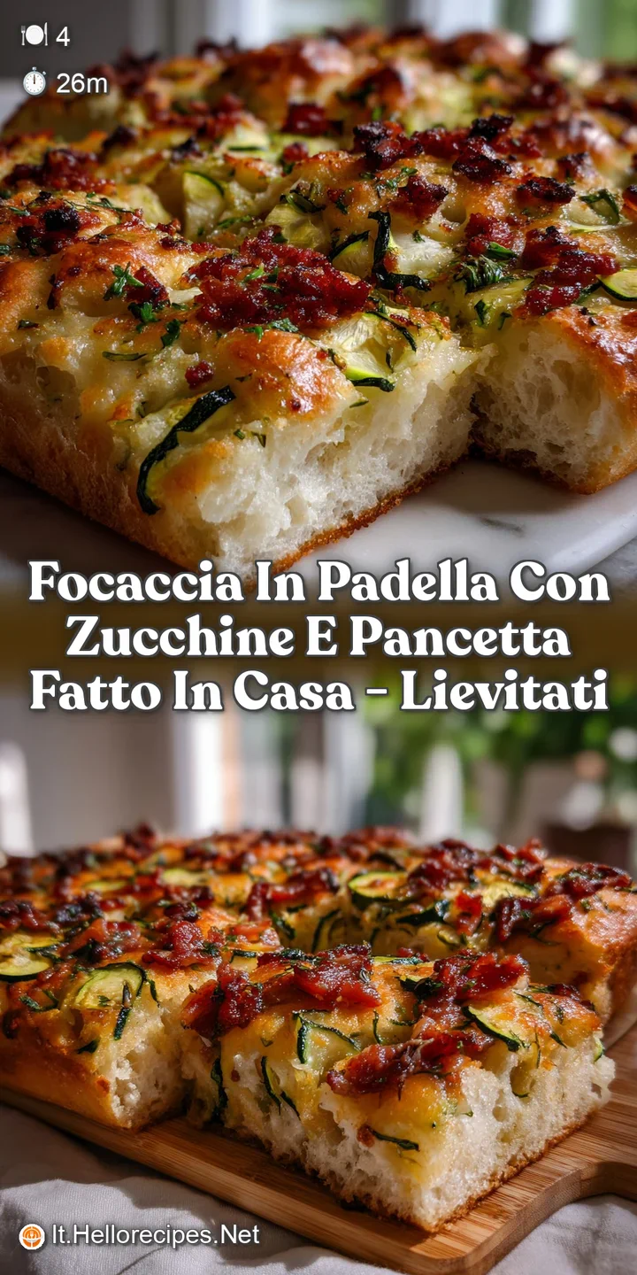 Close-up shot of the focaccia revealing its airy texture, with sizzling pancetta and tender zucchini, offering an appetizi...