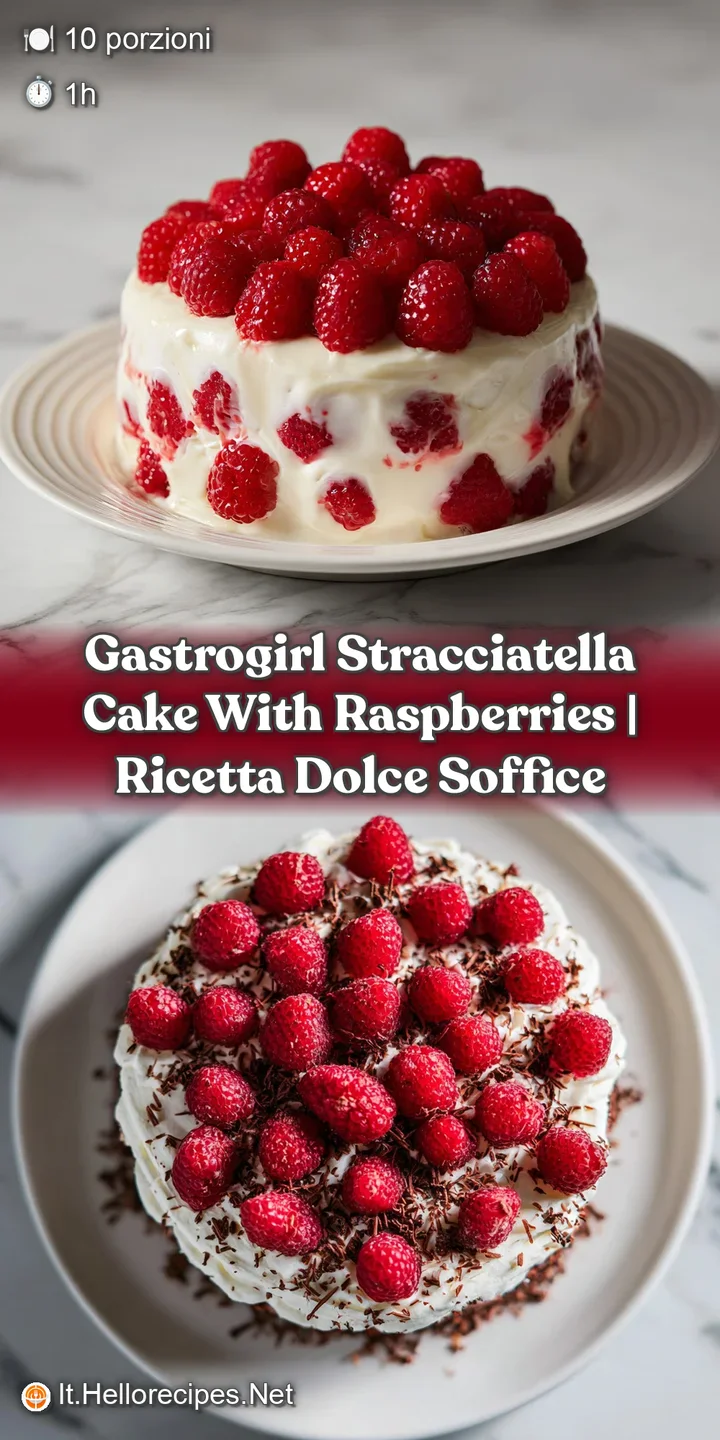 Close-up of a rich, creamy stracciatella cake with delicate dark chocolate shards and bright red raspberries.