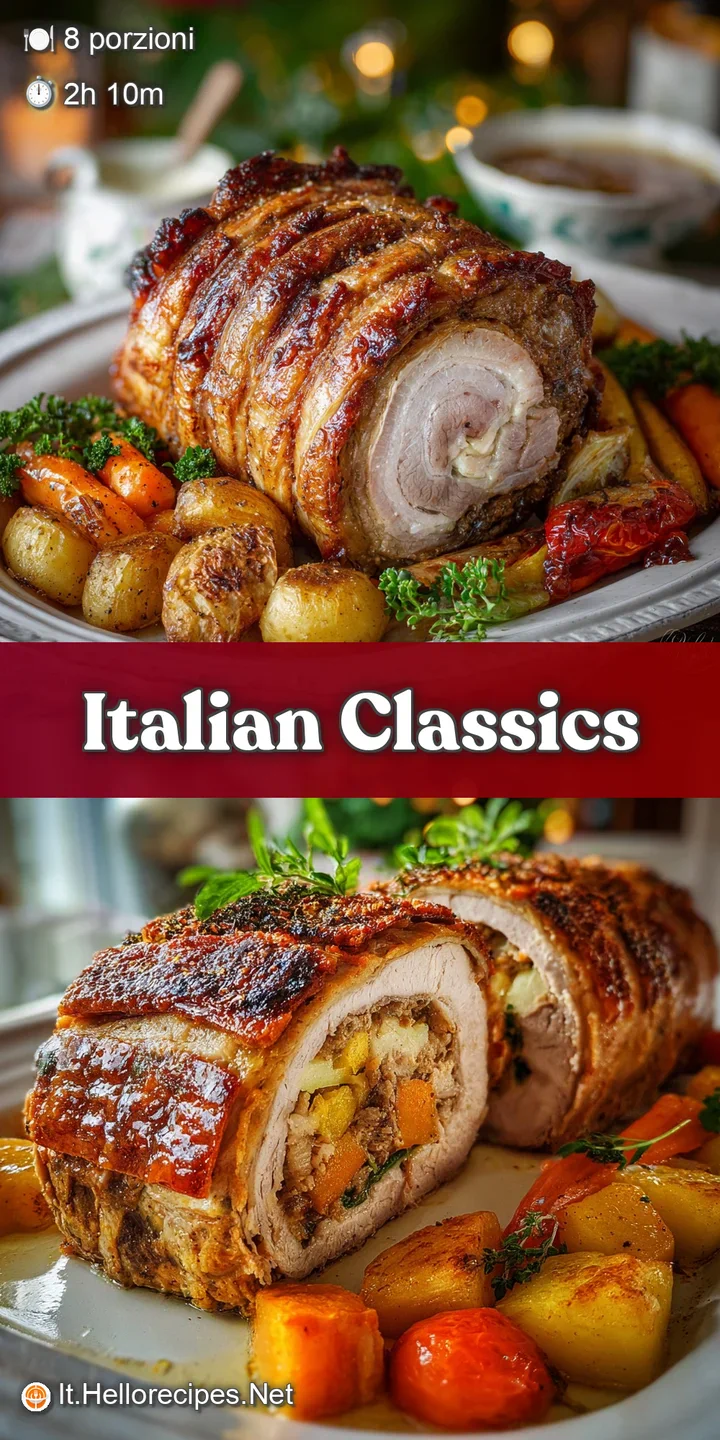 Close-up of moist, tender stuffed roast, revealing a colorful filling of meat, herbs, and vegetables, glistening with deli...