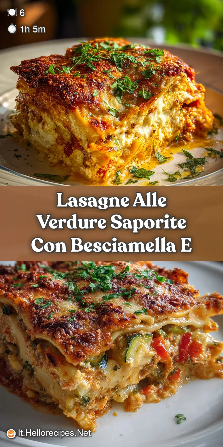 Close-up of steaming vegetable lasagne highlighting the golden crust, tender vegetables, and rich, creamy texture. Utterly...