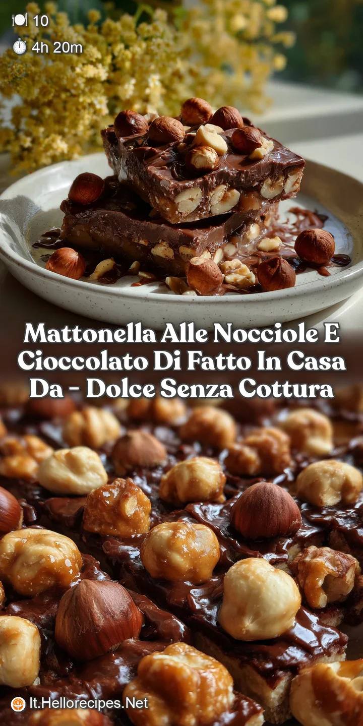 Close-up of a mattonella slice reveals rich chocolate and hazelnut textures. Light reflects off the glossy surface, creati...