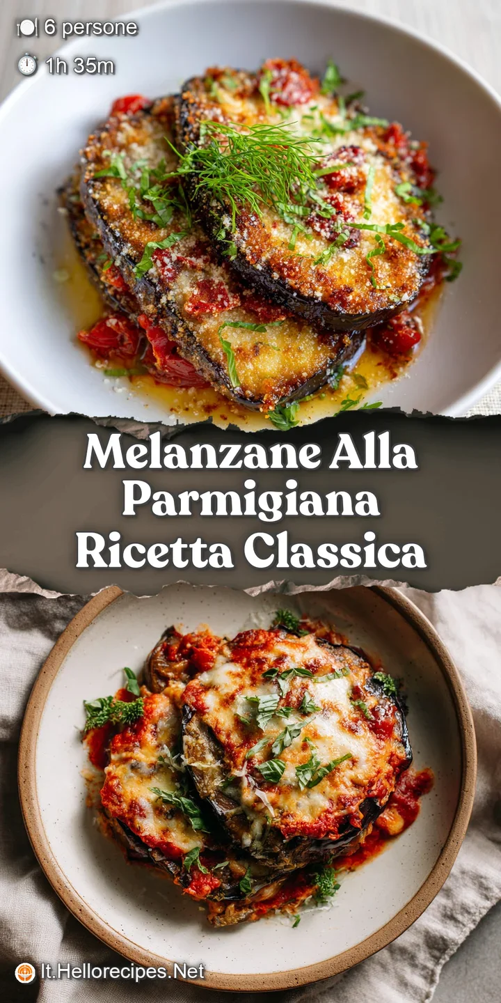 Close-up of warm Melanzane alla Parmigiana: saucy, cheesy layers with slightly browned, blistered cheese on top. Mouthwate...