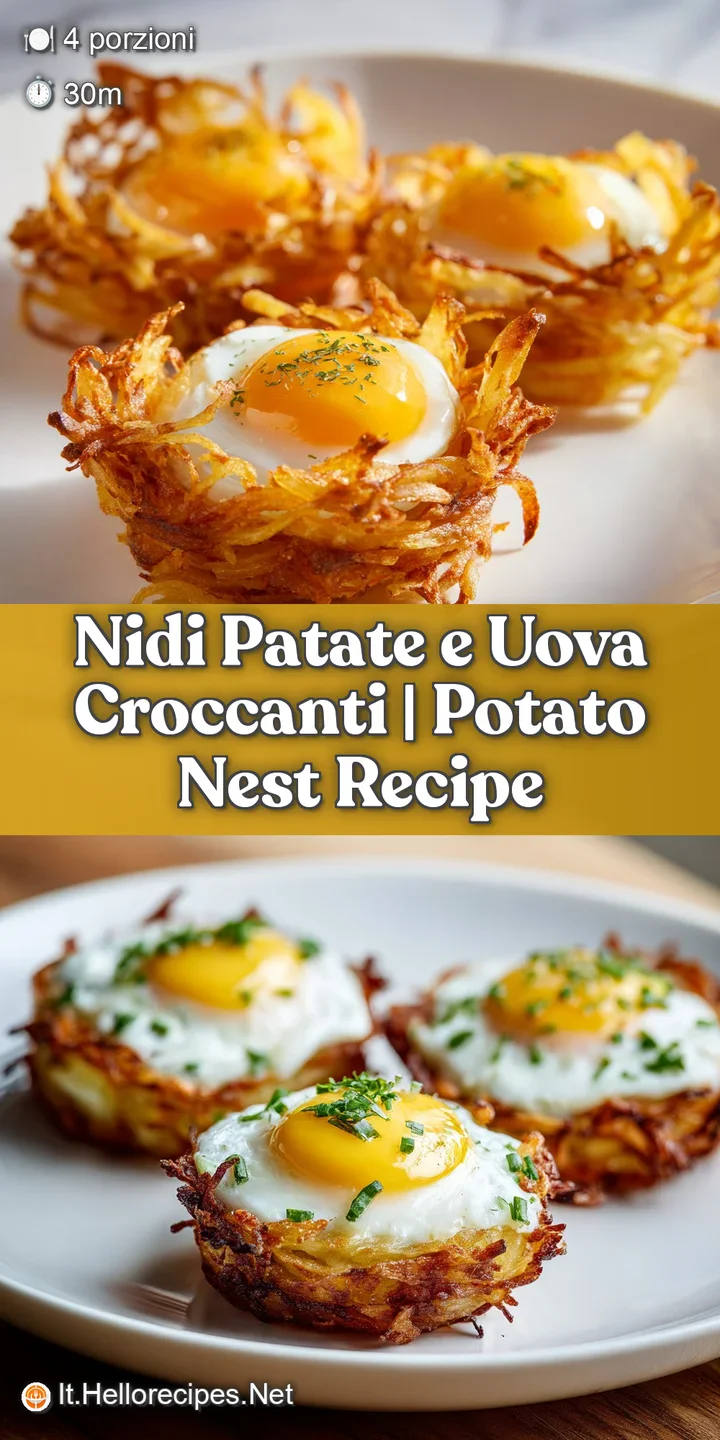 Close-up of a potato nest showing crispy edges, a runny egg yolk, and vibrant green herbs, emphasizing warmth and comfort ...