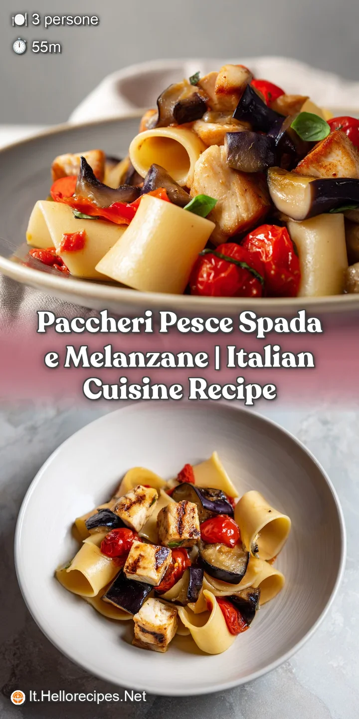 Dettaglio ravvicinato di pasta lucida, cubetti di pesce color crema e melanzane morbide avvolte in una salsa dorata.