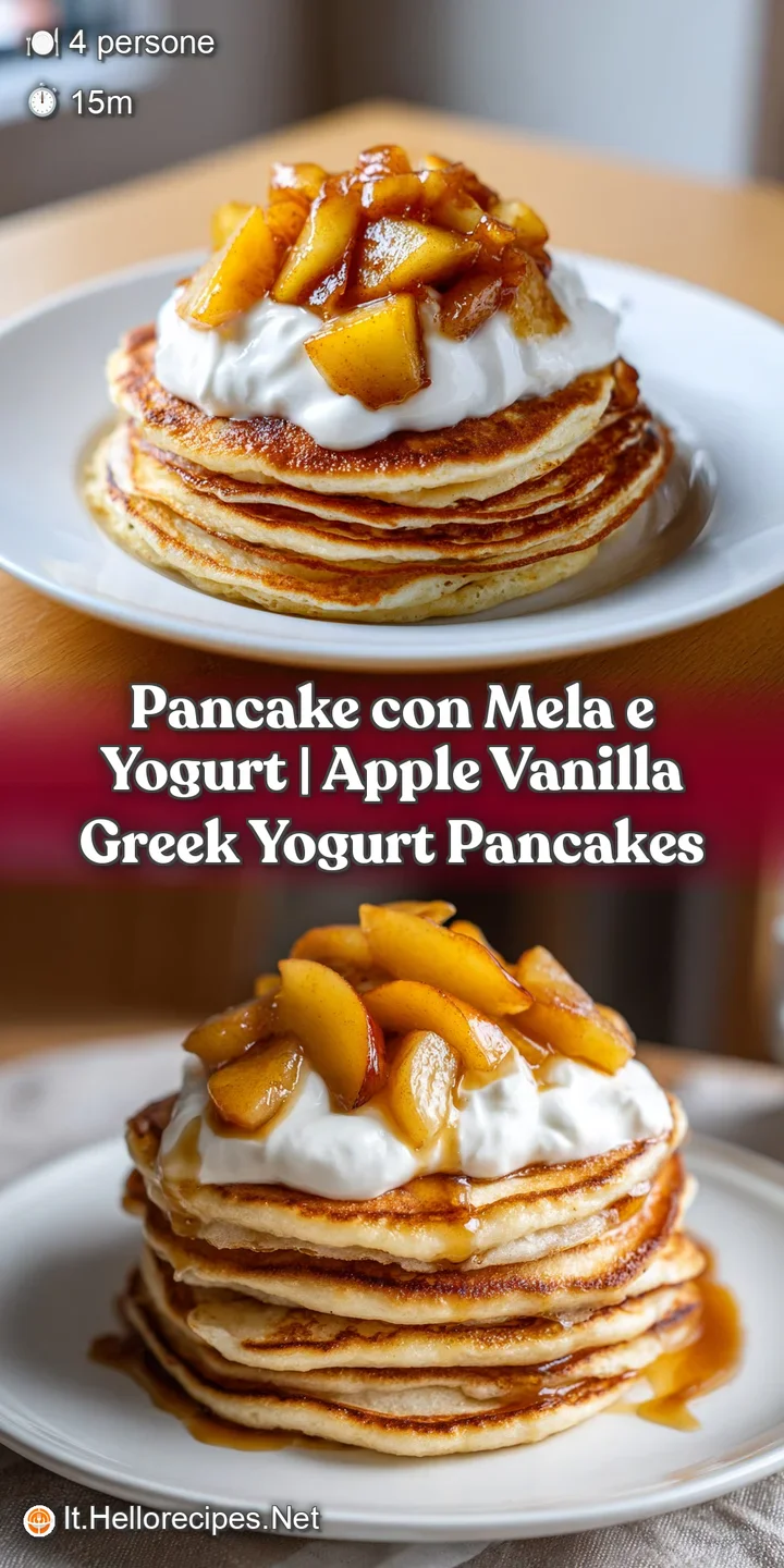 Primo piano di pancake caldi e spugnosi con gocce di sciroppo dorato che colano su yogurt bianco e mela fresca.