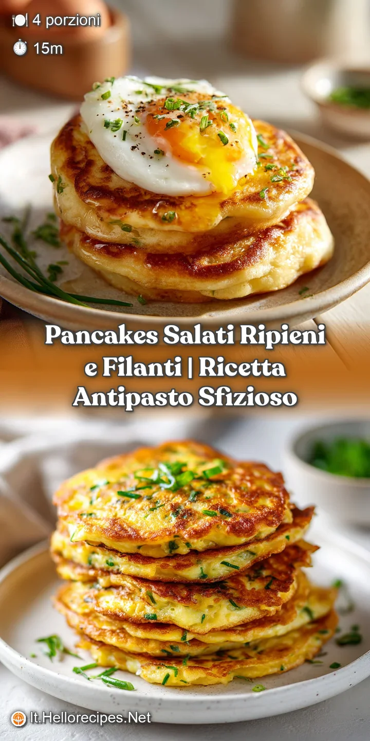 A close-up reveals a perfectly cooked savory pancake, golden and slightly crisp, with oozing melted cheese inside.