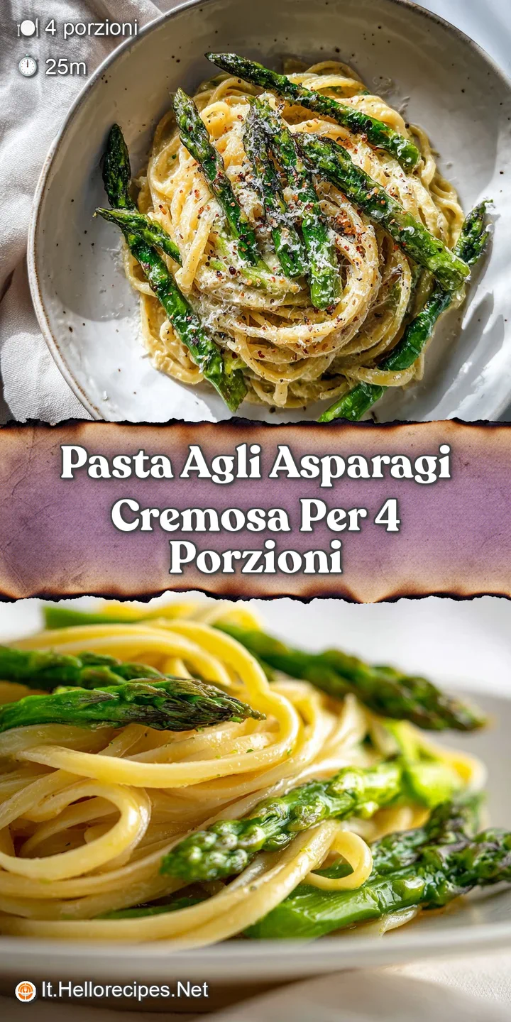 Close-up of vibrant green asparagus clinging to perfectly cooked pasta, glistening with a light, creamy sauce and cracked ...