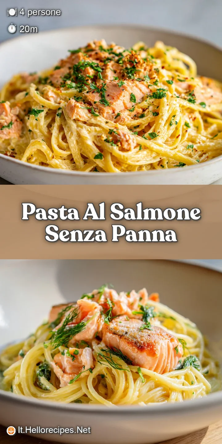 Close-up of salmon and pasta coated in a luscious sauce, flecked with green herbs. Tender textures visible in the flaky fish.