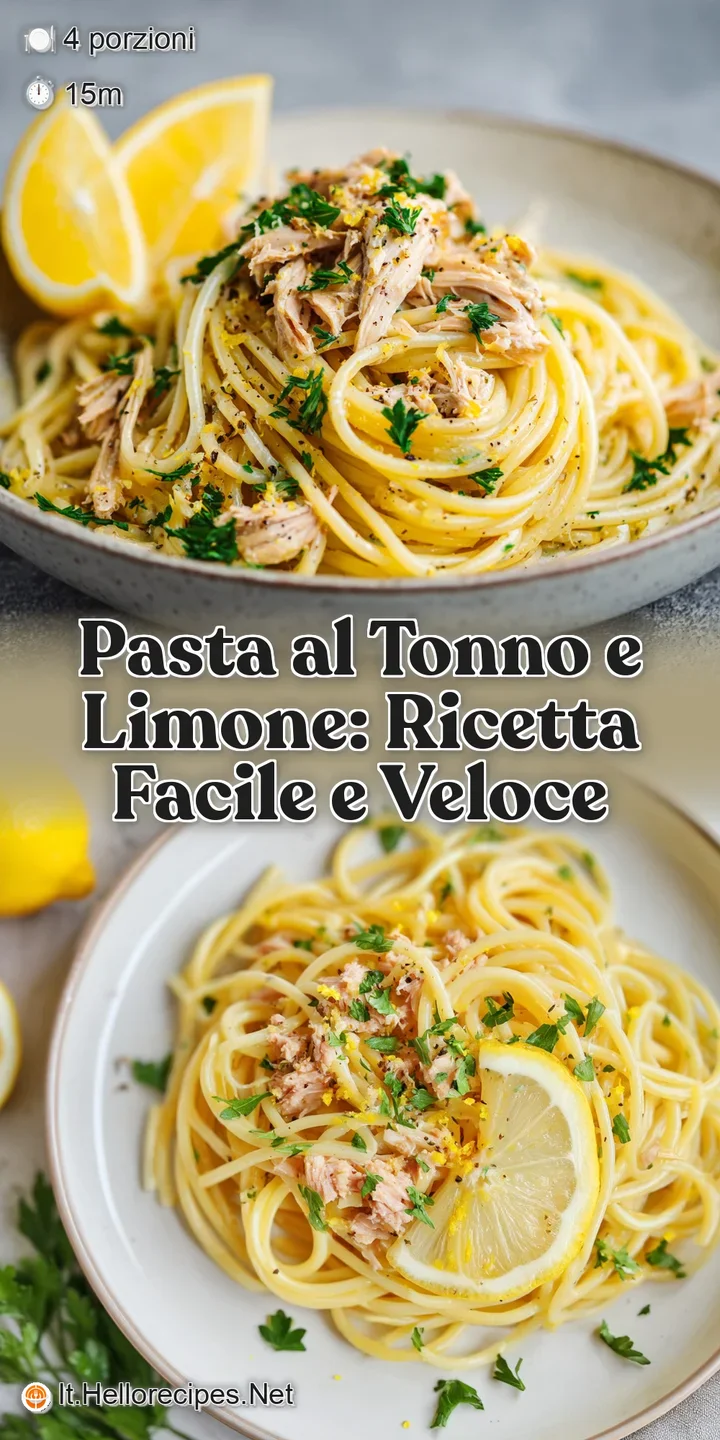 Close-up of glossy pasta strands coated in a light, flavorful sauce, dotted with tuna flakes, lemon zest, and chopped pars...