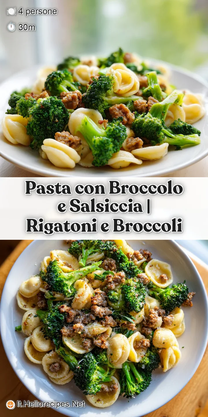 Primo piano di pasta avvolta in salsa densa e vellutata, con pezzi di salsiccia rosolata e piccoli broccoli teneri e verdi.