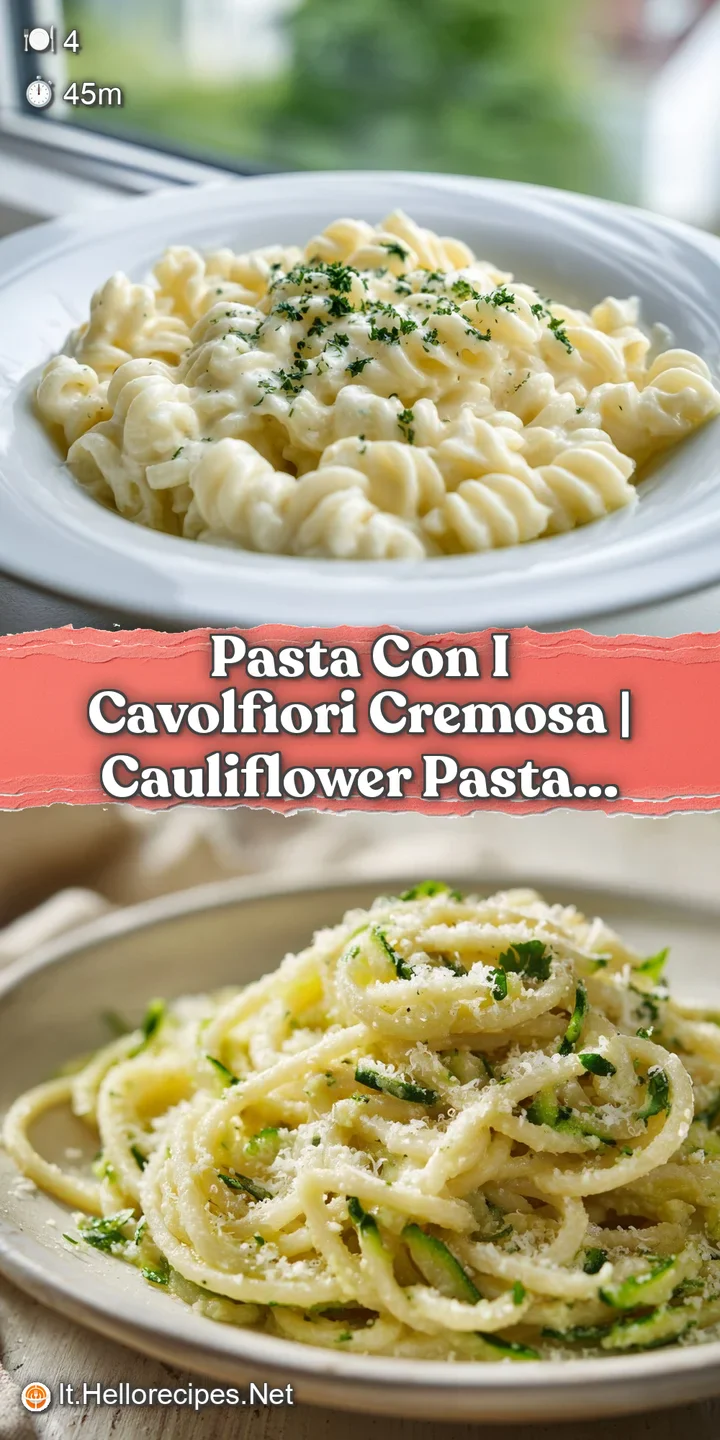 Close-up of twirled pasta with tender cauliflower, coated in a luscious, creamy sauce. Glistening with olive oil, speckled...