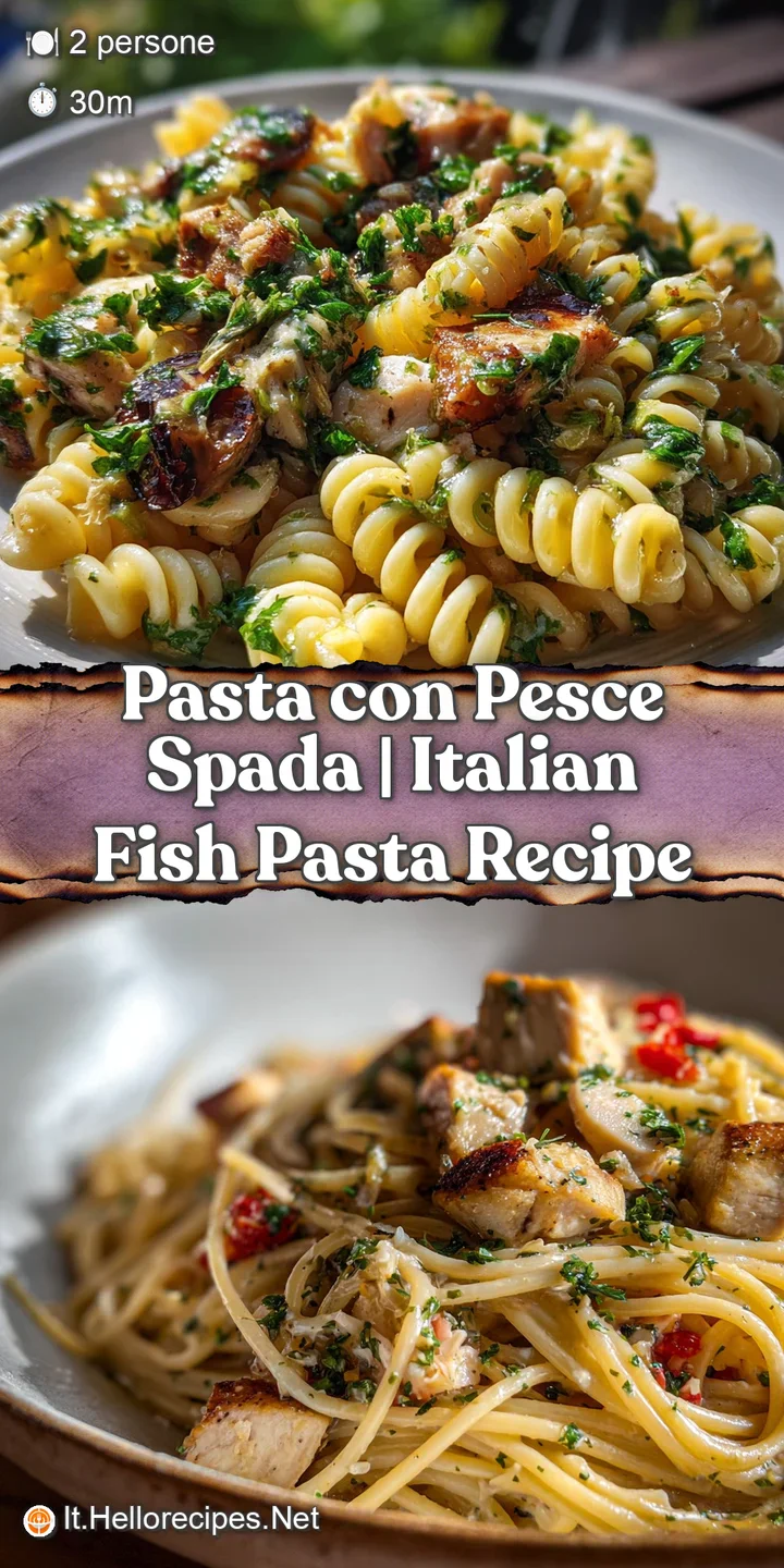 Close-up of tender swordfish and juicy tomatoes nestled in perfectly cooked pasta, glistening with a light, flavorful sauce.