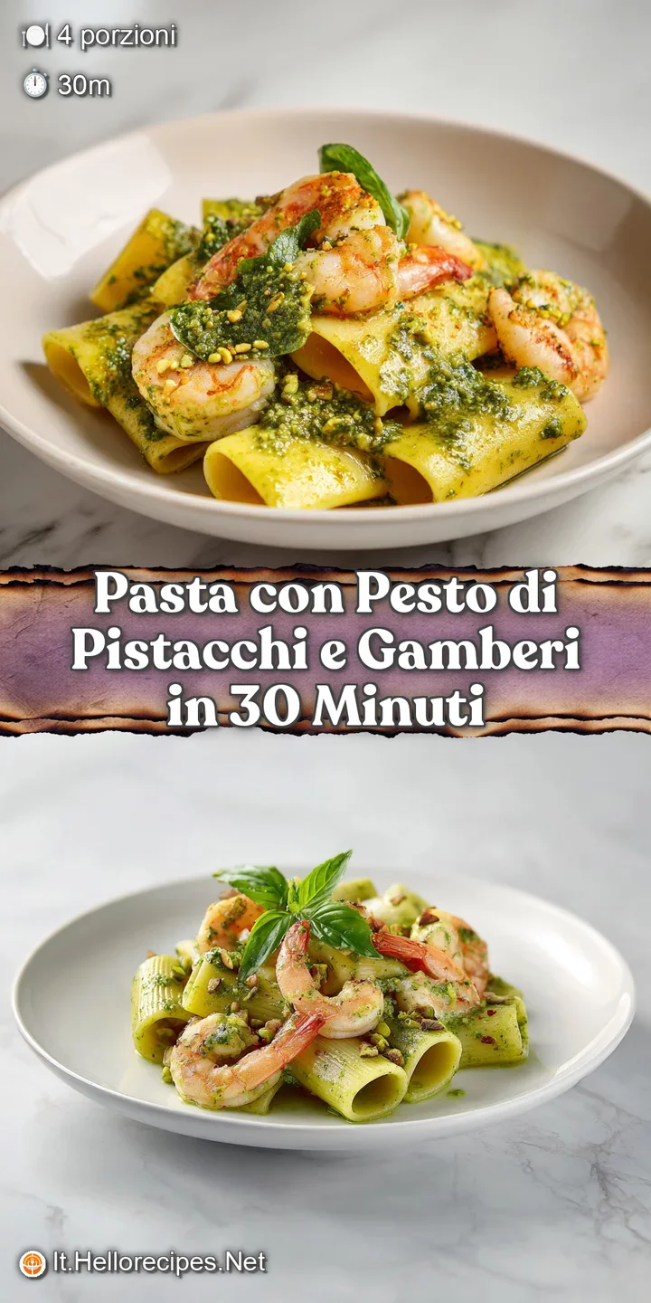 Close-up of creamy pistachio pesto clinging to perfectly cooked pasta strands, studded with juicy pink shrimp, an inviting...