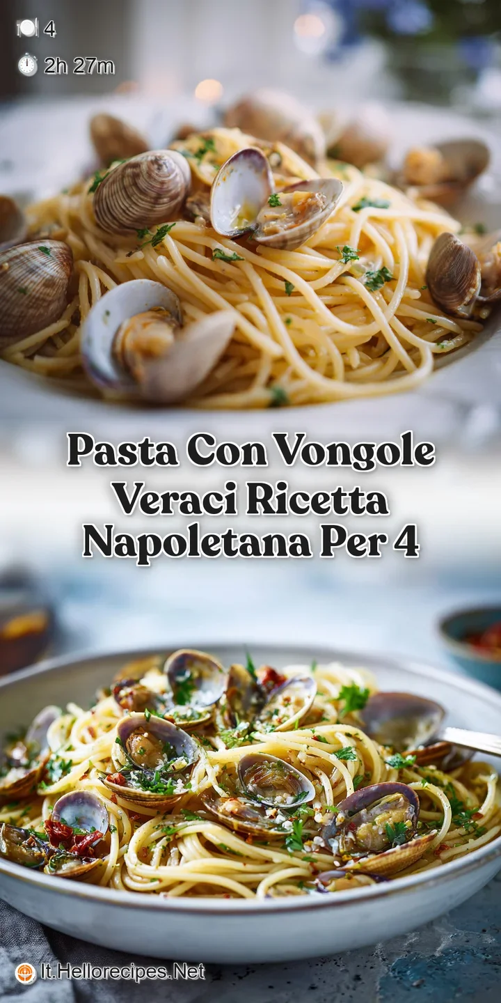 Close-up of glossy pasta strands intertwined with juicy clams in a delicate sauce, flecked with fresh herbs and aromatic g...