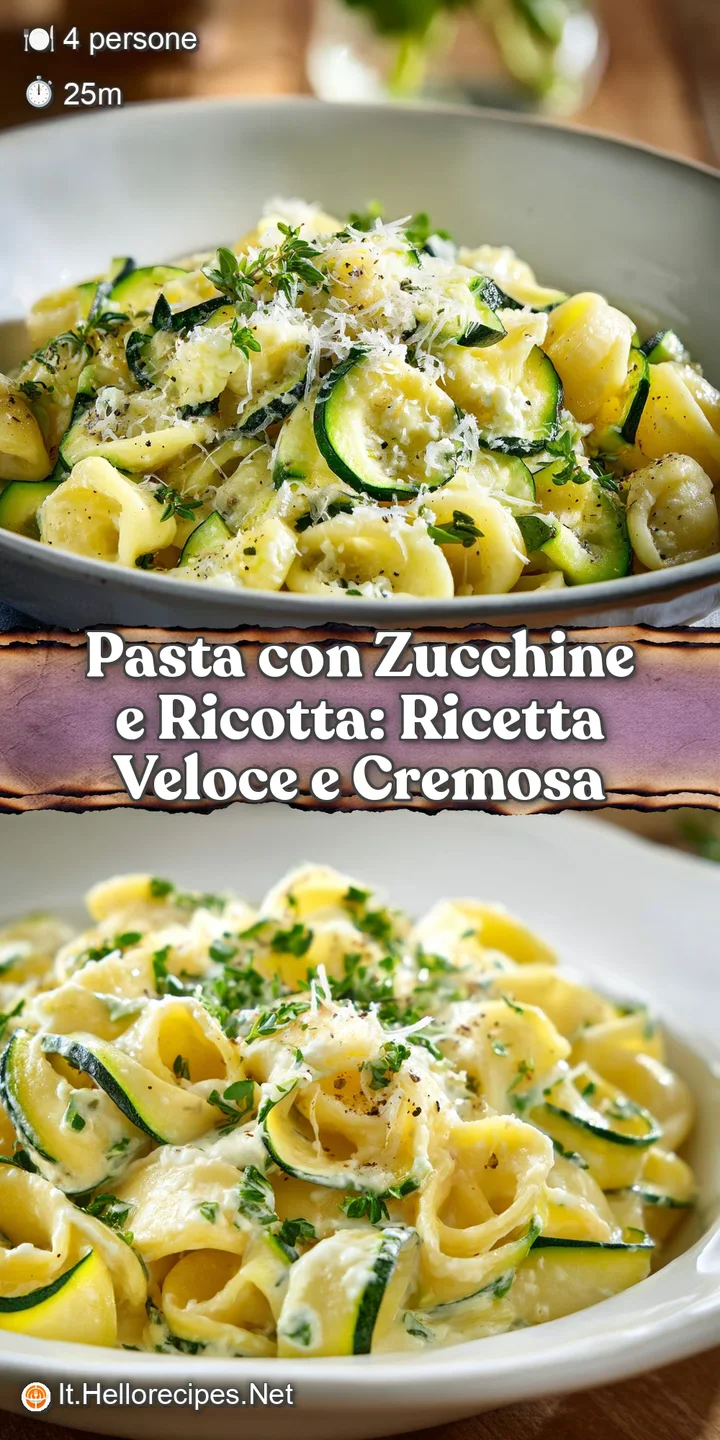 Close-up reveals tender zucchini slices, creamy ricotta dollops, and al dente pasta strands, glistening with olive oil and...