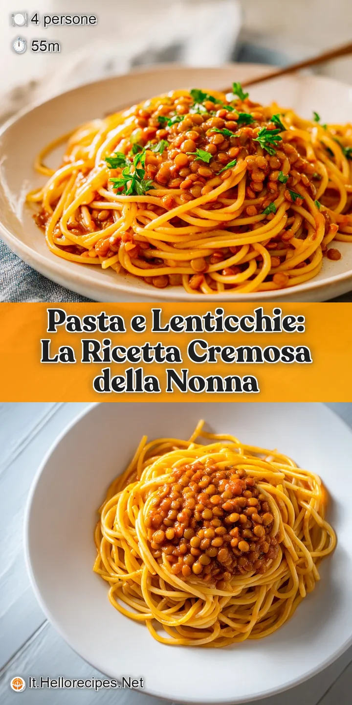 Close-up of steaming pasta e lenticchie: hearty, creamy, and rustic. Showing lentils, pasta, and herbs in a smooth, rich s...