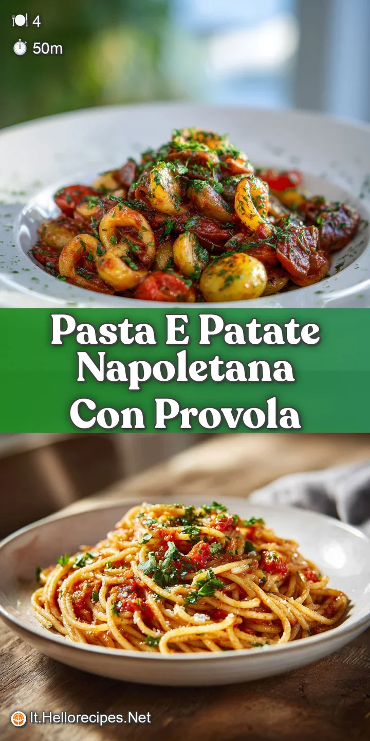 Close-up capturing the creamy texture of pasta e patate with melted provola; inviting, hearty, and comforting Italian cuis...