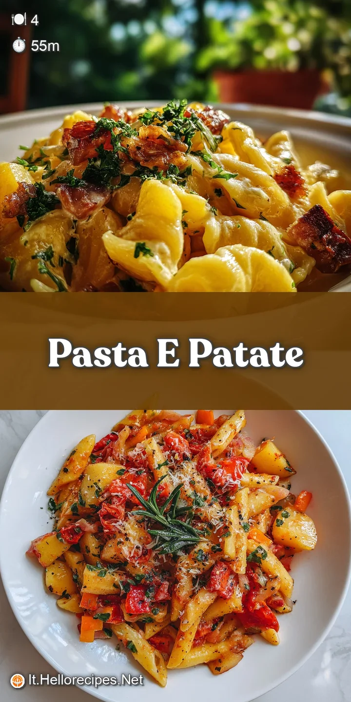 Close-up of al dente pasta swimming in a velvety potato broth. Glistening olive oil and fragrant herbs enhance the comfort...