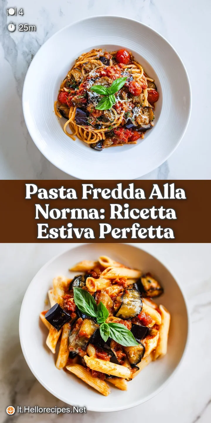 Close-up reveals tender pasta intertwined with charred eggplant, fresh tomatoes, and creamy ricotta salata. Vibrant colors...