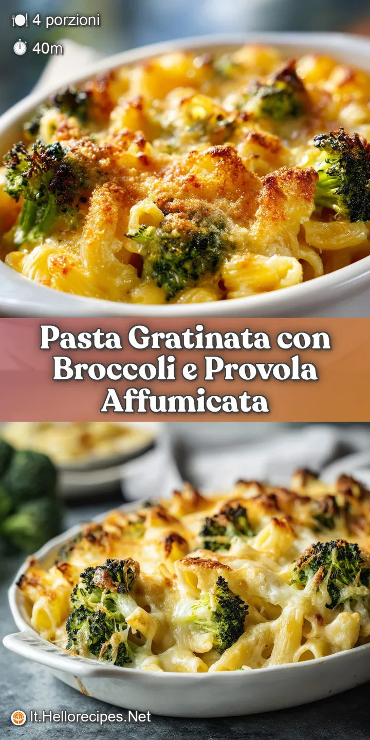 Close-up of a bubbling, cheesy broccoli and potato gratin. Visible textures of tender potatoes, bright green broccoli flor...