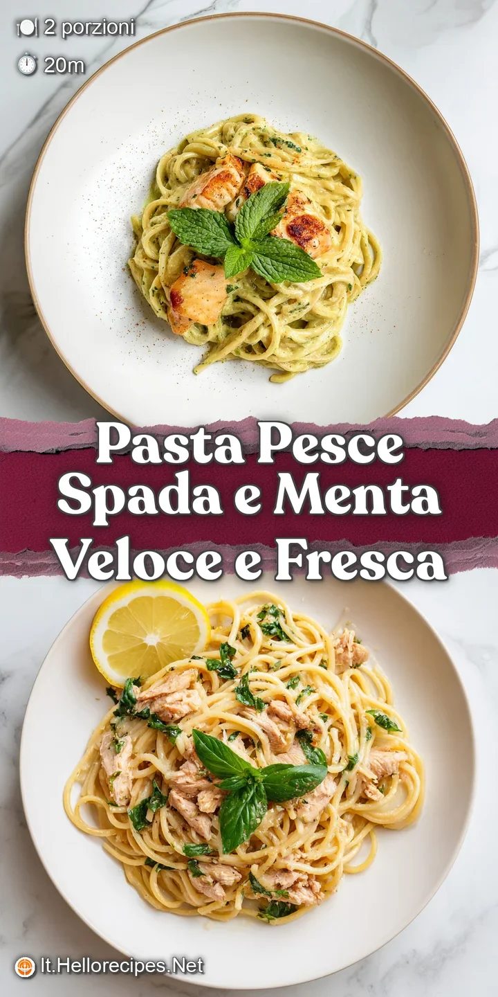 Close-up of shimmering pasta with tender fish. Hints of fresh mint and cracked black pepper visible in the delectable dish.