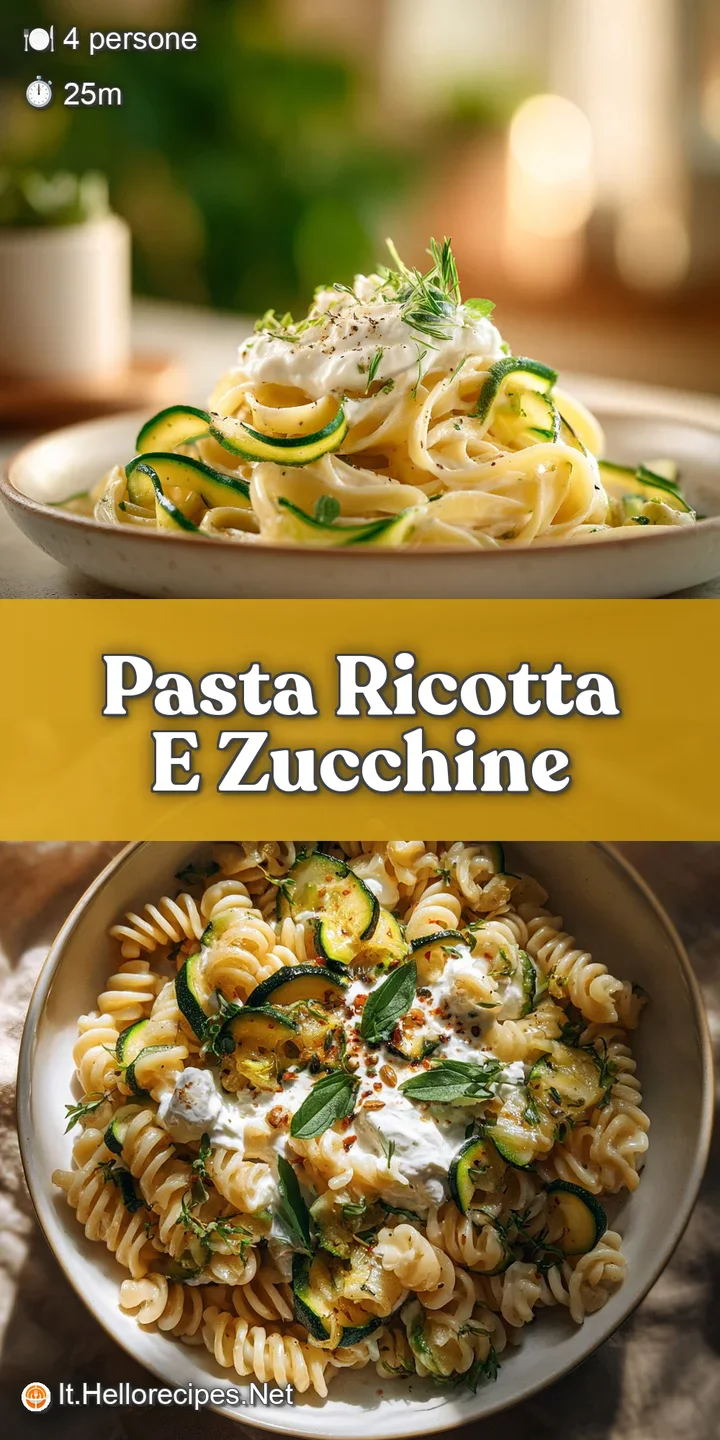 Close-up of glistening pasta strands coated in a creamy sauce with fresh zucchini and pillows of ricotta.