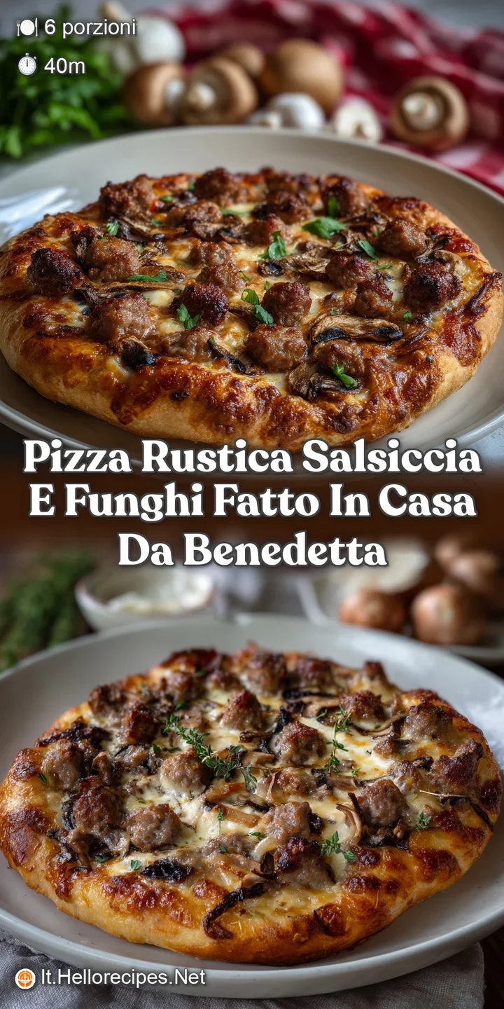 Close-up of a pizza rustica slice, showcasing textures: bubbly crust, juicy mushrooms, and savory sausage. A delicious, wa...