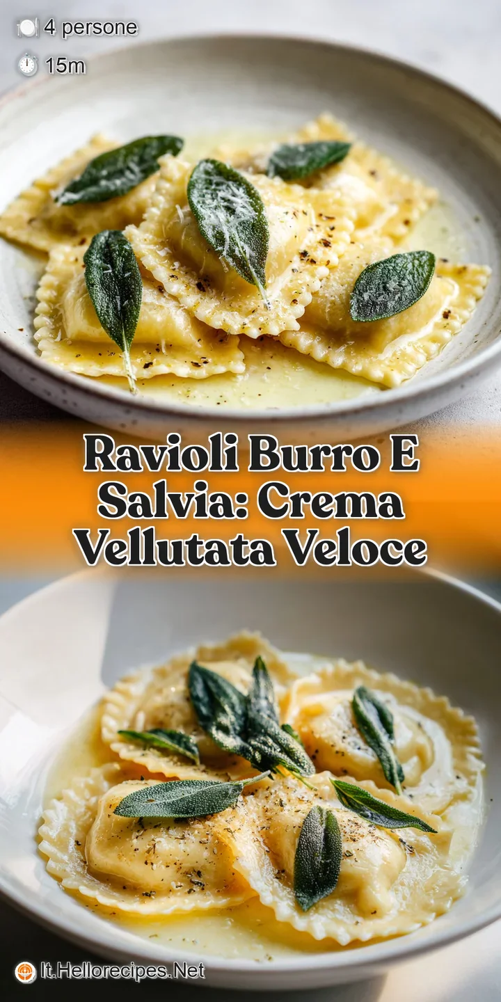 Close-up of plump ravioli, glistening with a rich, golden butter sauce and fragrant sage leaves, inviting and delicious.