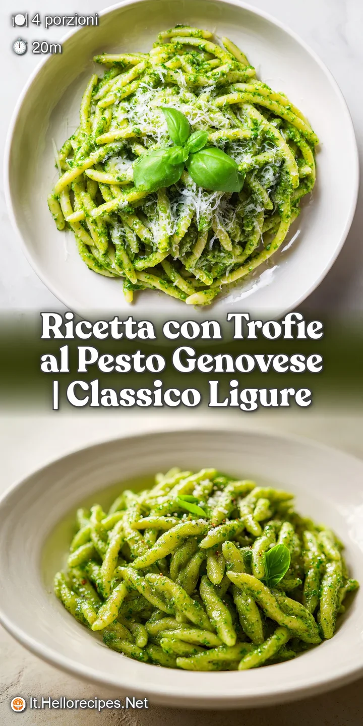 Close-up of glistening trofie pasta, saturated in rich, green pesto. A sprinkle of Parmesan creates a tempting, savory aroma.