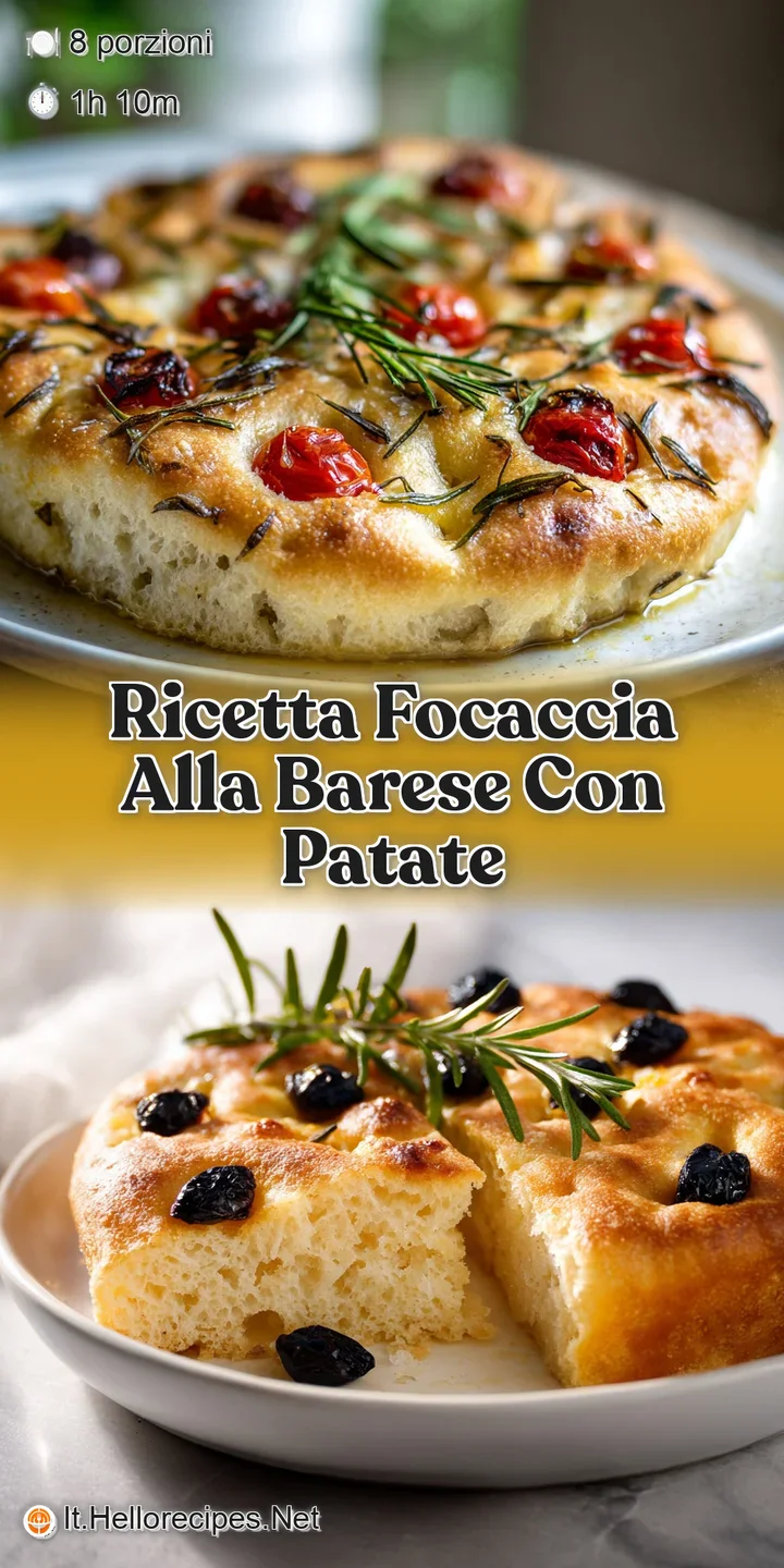 Close-up shot of bubbly focaccia, highlighting golden potato slices and pools of olive oil. Toasty edges and fresh herb ar...