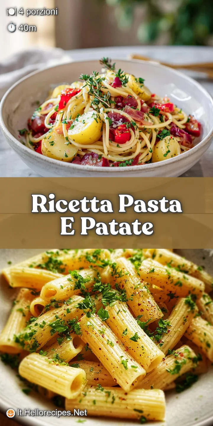 Close-up of twirled pasta coated in a velvety, starchy sauce, flecked with herbs and visible potato chunks. Temptingly glo...