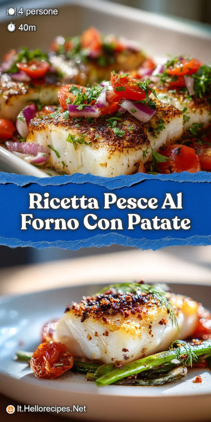 Close-up reveals the moist, tender texture of baked white fish, seasoned potatoes with browned edges and fragrant herb spr...