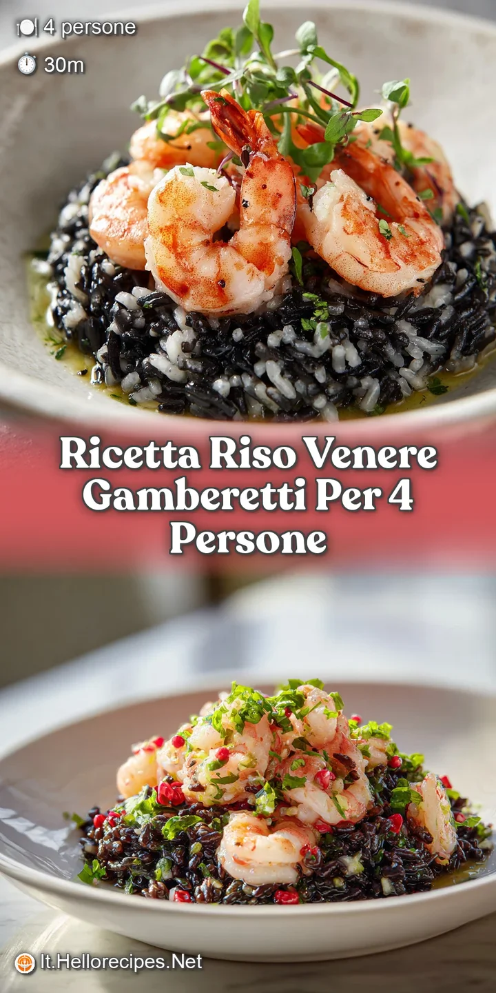 Close-up of glistening black rice studded with plump, pink shrimp. A scattering of herbs offers a bright, fresh contrast. ...