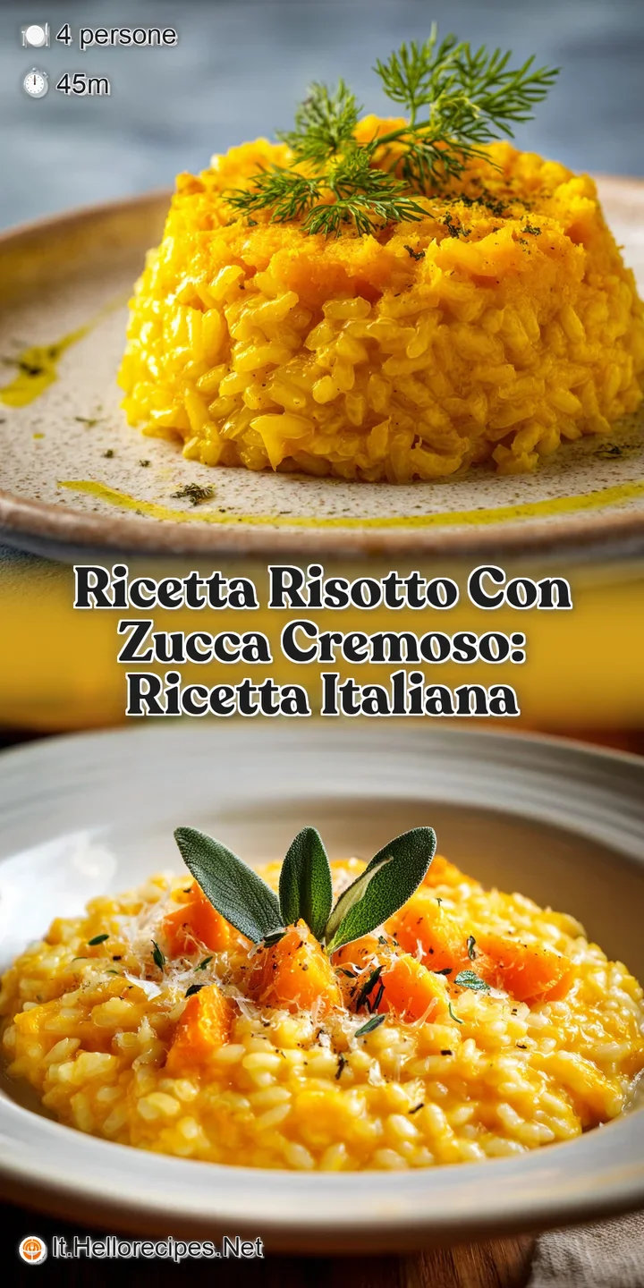 Close-up of velvety smooth pumpkin risotto; visible steam suggests warmth and comfort. Bright orange pumpkin flecks interm...