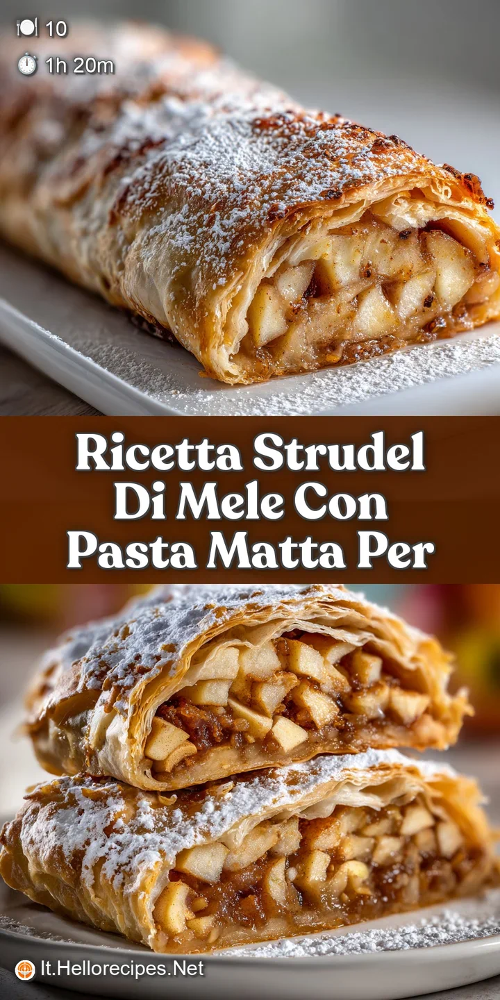 Close-up of warm apple strudel featuring a flaky crust with visible apple filling, and a light dusting of sugar.