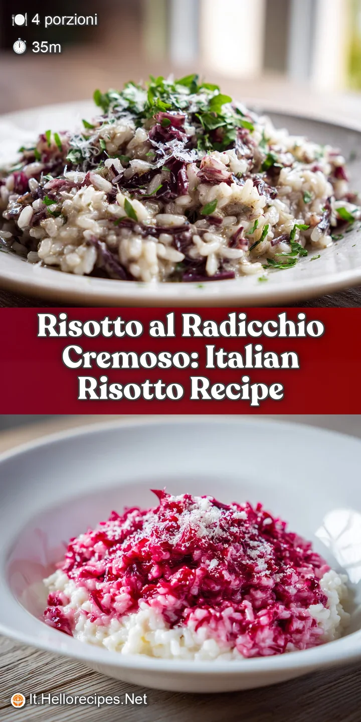 Close-up of risotto showing creamy texture dotted with deep red radicchio leaves. Glistening with olive oil, promising a r...