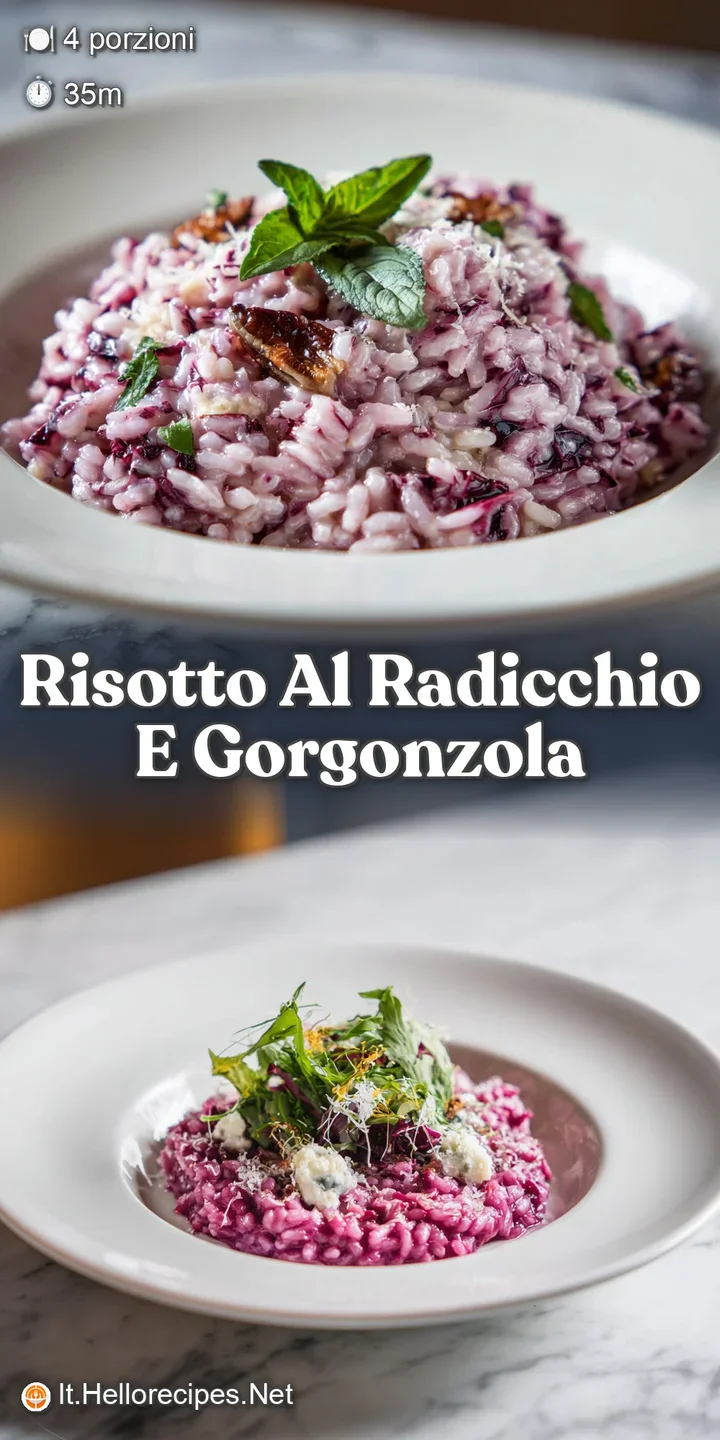 Close-up of risotto, creamy with melted gorgonzola, highlighted by crimson radicchio leaves. Glistening with olive oil.