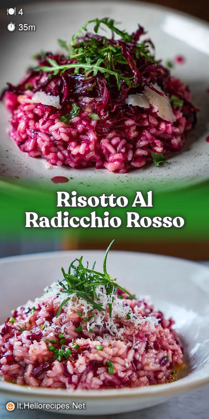 Close-up of risotto showing the creamy texture and vibrant radicchio. Steam rises, hinting at warmth and savory flavors.