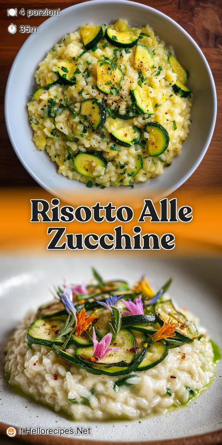 Close-up of glistening zucchini risotto, showcasing tender grains and aromatic basil. Steam rises, hinting at a comforting...
