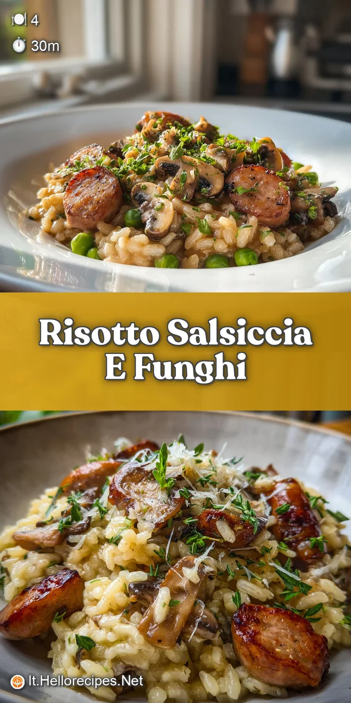 Close-up of rich risotto, glistening with melted butter and infused with savory sausage and earthy mushroom flavors.