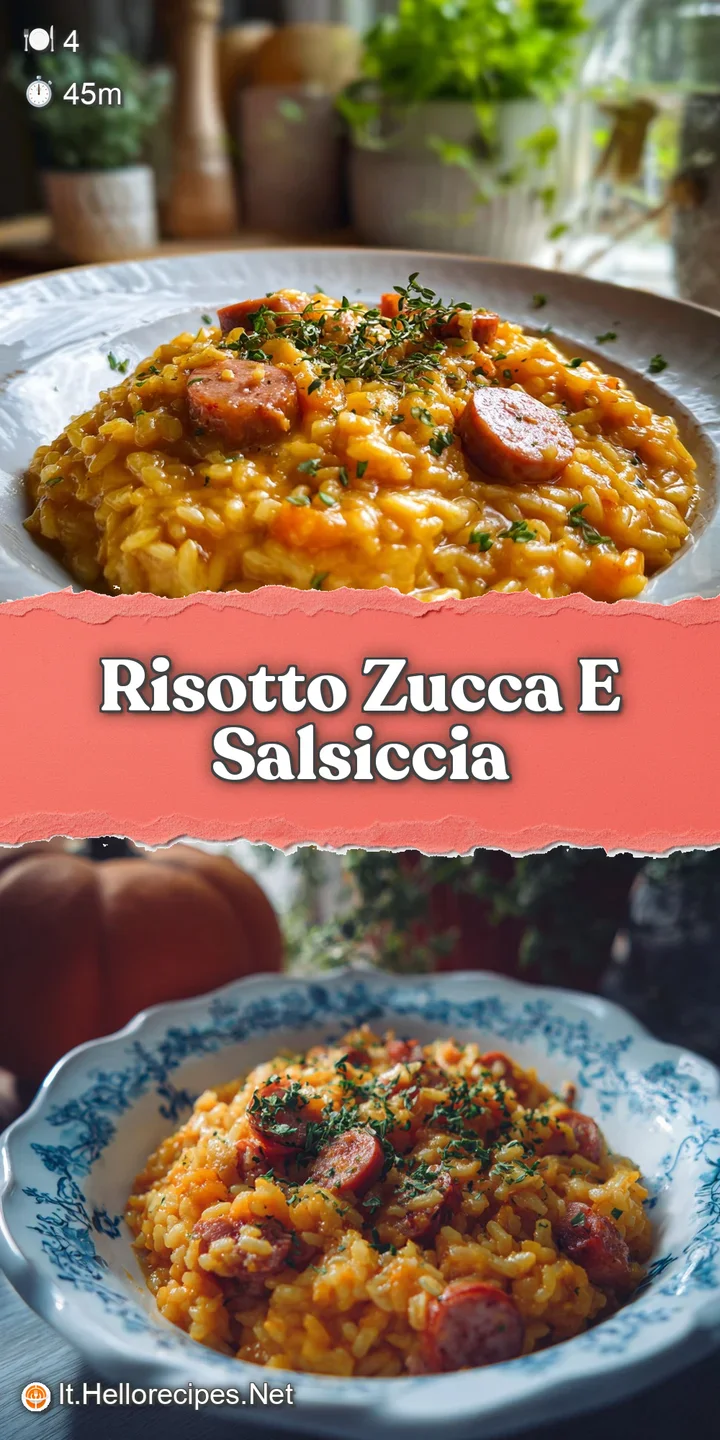 Close-up of creamy pumpkin risotto, showcasing the rich texture, savory sausage, and bright specks of herbs. Ready to eat!