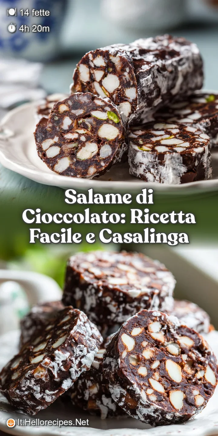 Close-up of a slice of chocolate salami, showing the marbled interior with biscuit pieces. Rich dark chocolate and powdere...