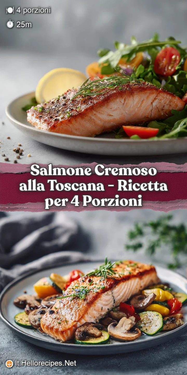 Close-up of juicy, pan-seared salmon glistening with a luscious, herb-flecked Tuscan cream sauce.