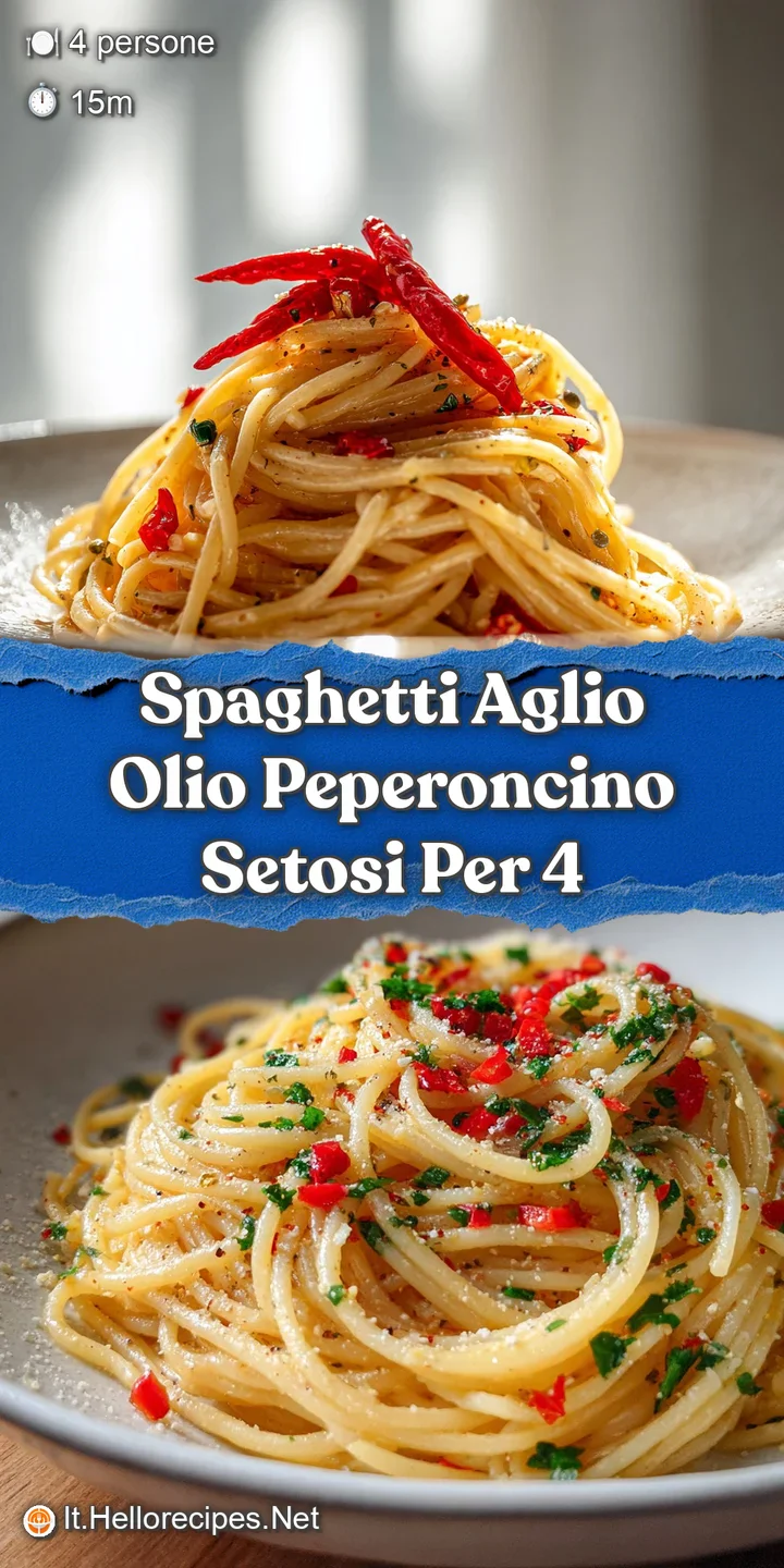 Close-up of shimmering spaghetti strands tossed with golden garlic and fiery red pepper. Steam rising; a tempting, simple ...