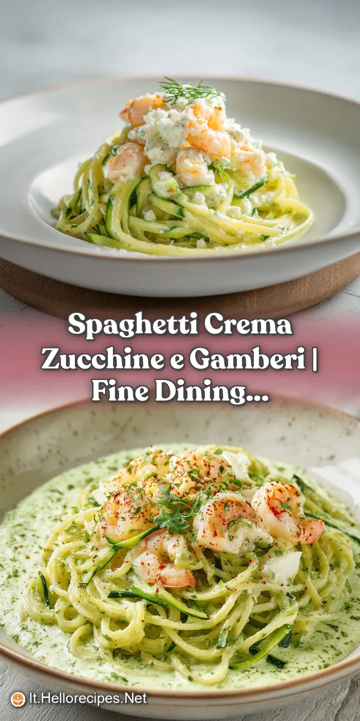 Close-up of tender spaghetti entwined with creamy sauce, bright pink shrimp, and finely sliced zucchini.